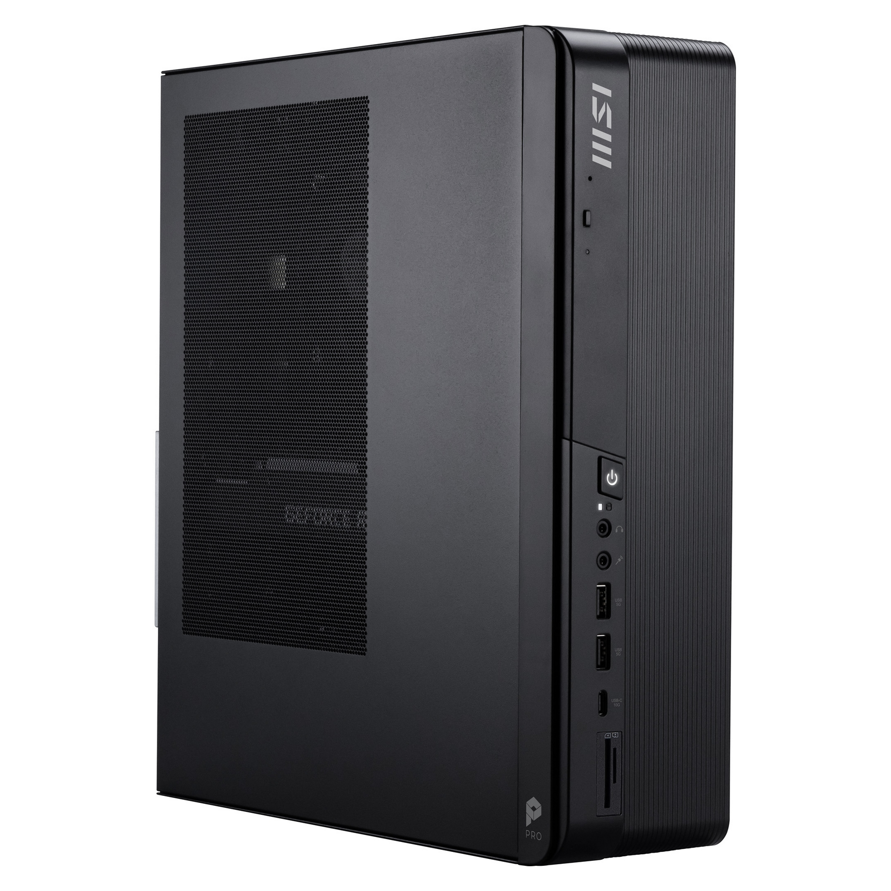 Una torre PC MSI PRO negra con panel frontal de malla y puertos de E/S en el lateral.
