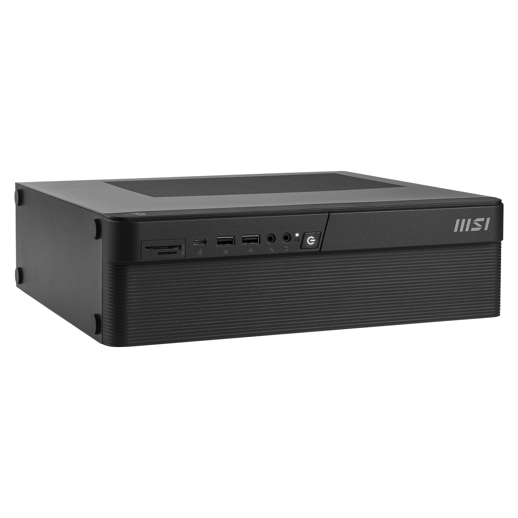 Caja negra de mini PC con puertos frontales: lector de tarjetas, USB-C, USB-A, tomas de audio y botón de encendido.