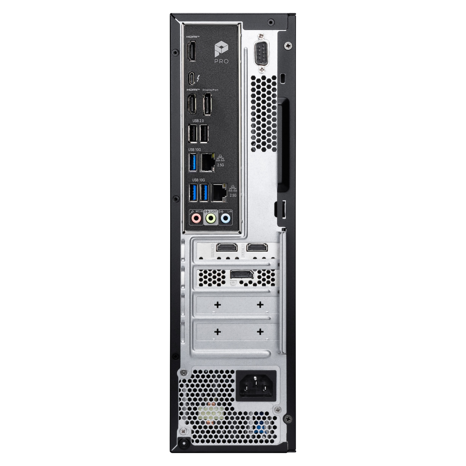 Parte trasera de un PC con puertos: HDMI, DisplayPort, USB, Ethernet, Audio y alimentación.