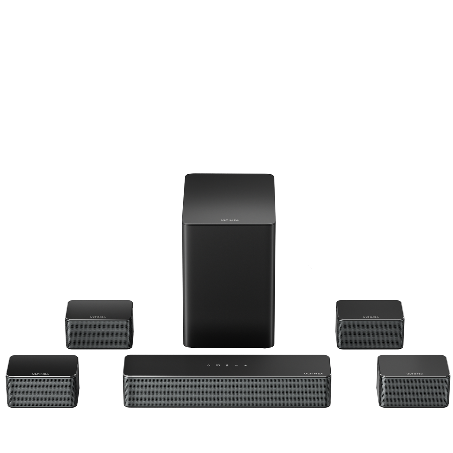 Sistema audio nero Ultimea: soundbar, subwoofer e quattro altoparlanti satelliti.
