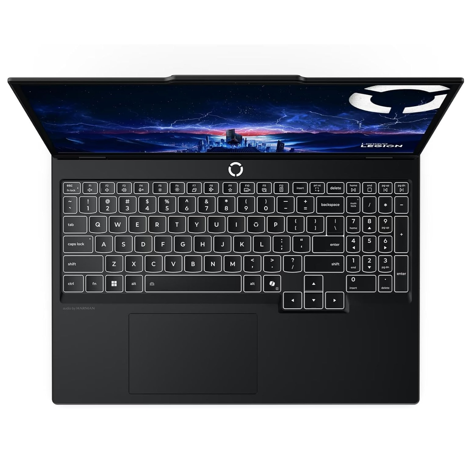 Ekranında fütüristik şehir manzarası ve şimşekler olan siyah bir Lenovo Legion dizüstü bilgisayar.
