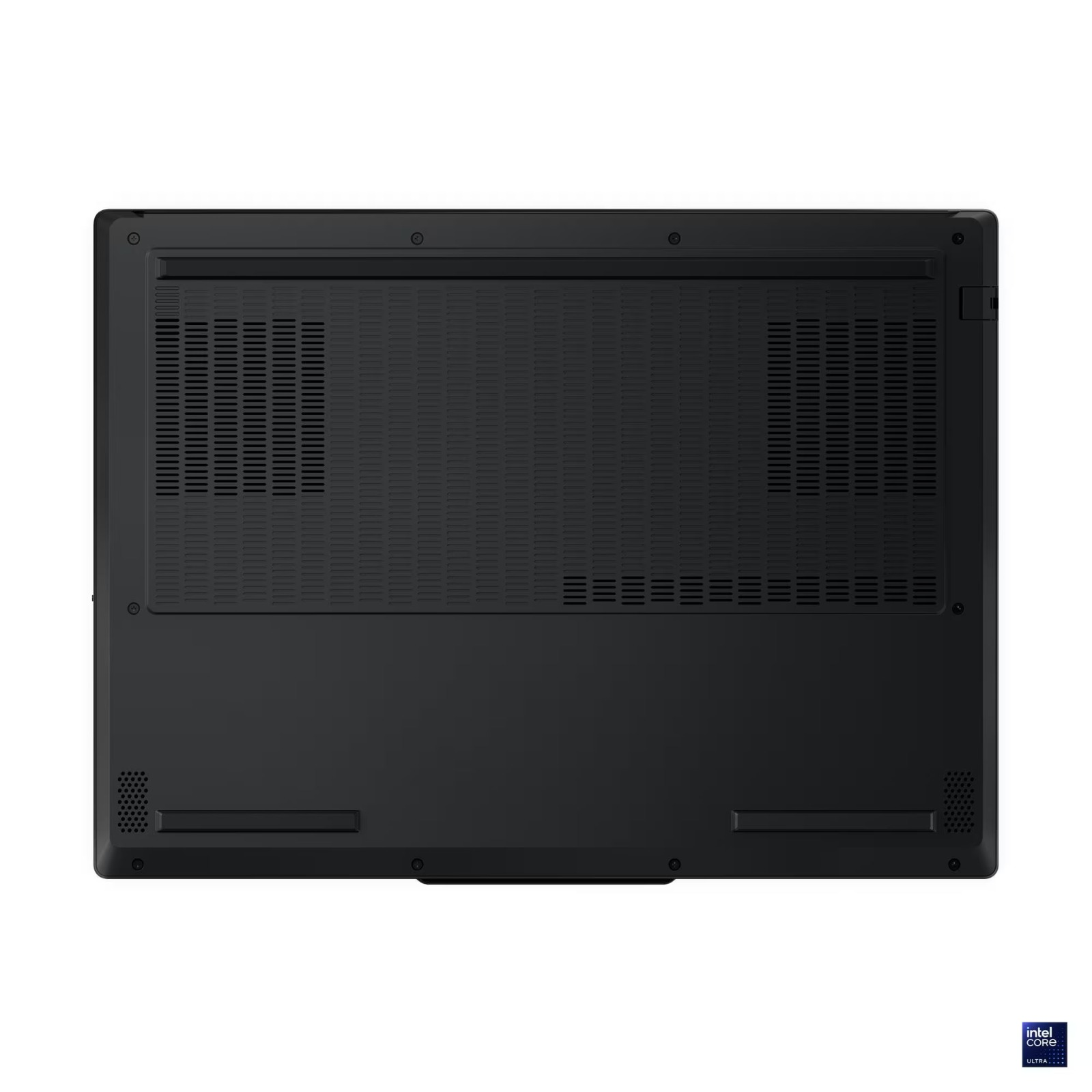 Havalandırma delikleri ve Intel Core Ultra logosuna sahip siyah dizüstü bilgisayarın altı.