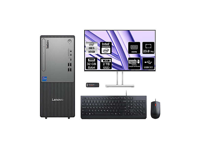 LENOVO ThinkCentre Neo 50T 12UAS1CF00P607 PER4 Bellek Intel® Core™ i5-14400 32 GB RAM 2 TB SSD FreeDOS Masaüstü Bilgisayar