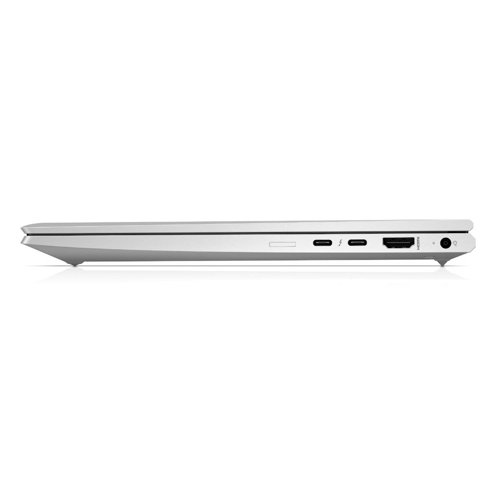 Vue latérale d'un ordinateur portable argenté avec ports USB-C, HDMI et d'alimentation.