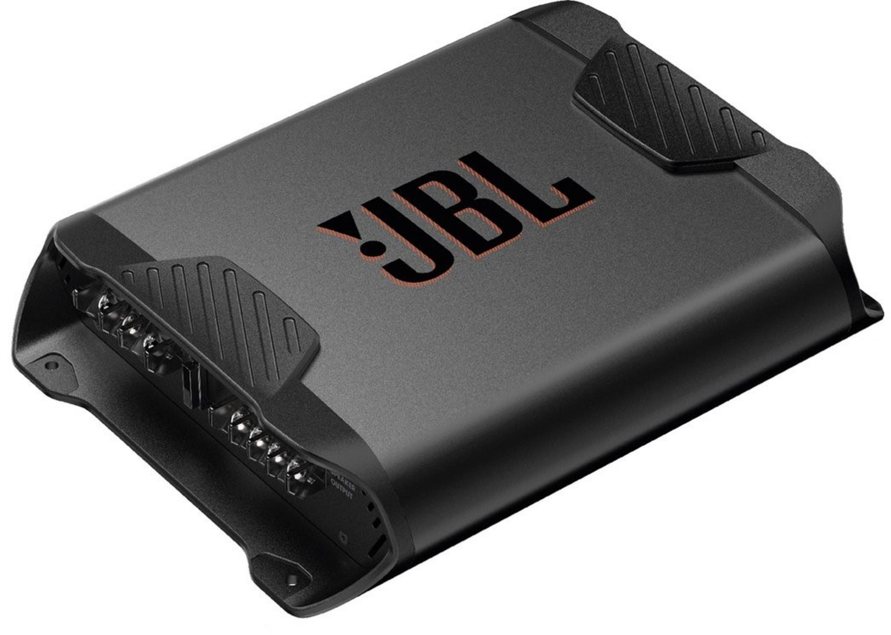 Amplificatore JBL nero con connettori e logo JBL.