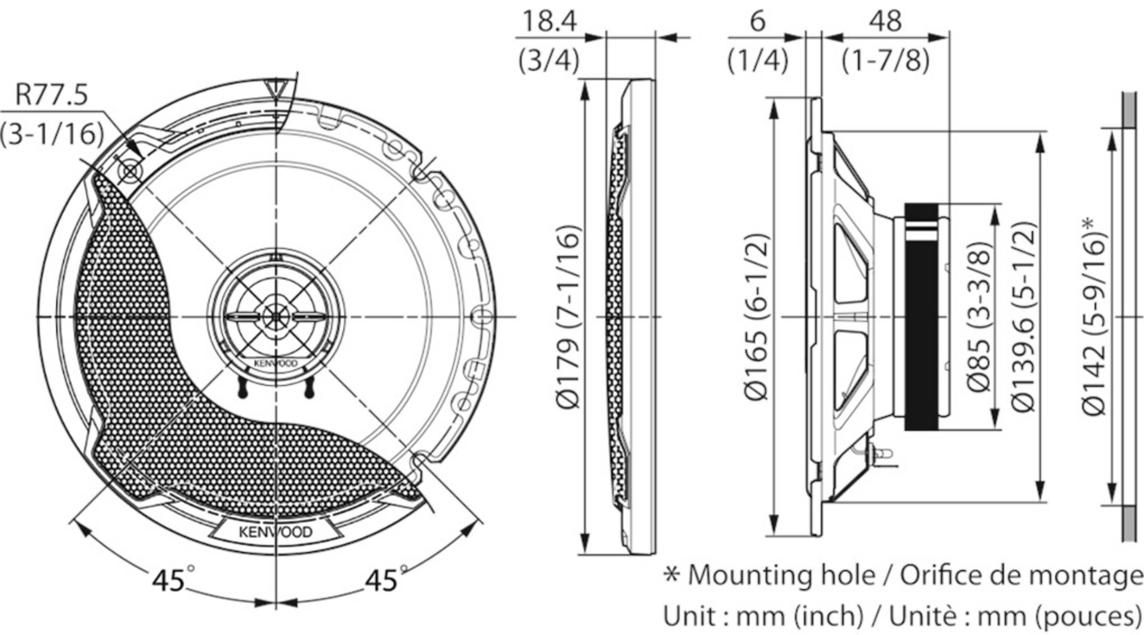 Disegno tecnico di un altoparlante con dimensioni in mm e pollici.