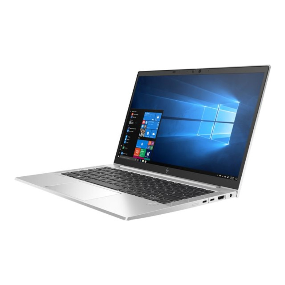Zilveren laptop met Windows-startscherm en zwart toetsenbord.