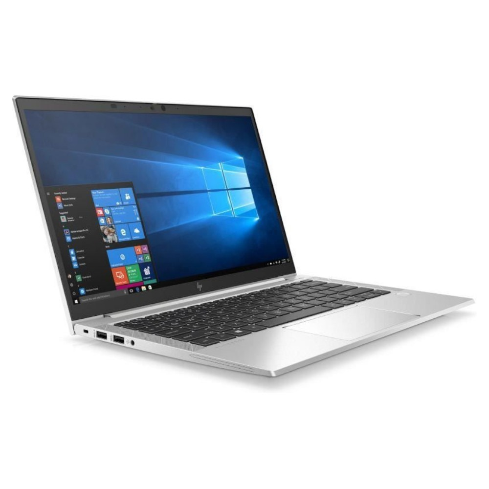 Zilveren HP laptop met zwart toetsenbord en Windows 10 op scherm.