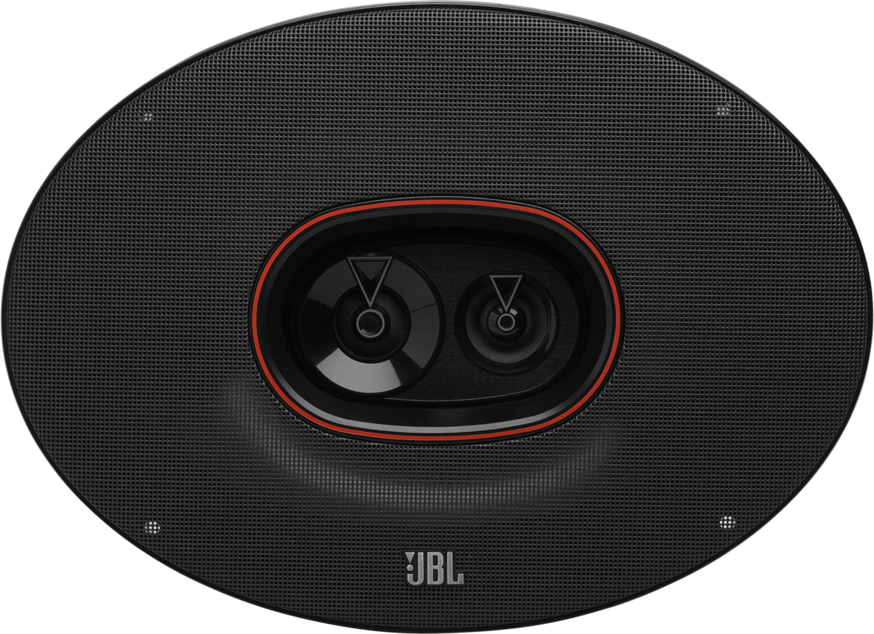Altoparlante JBL nero rotondo con accenti rossi e doppi driver.