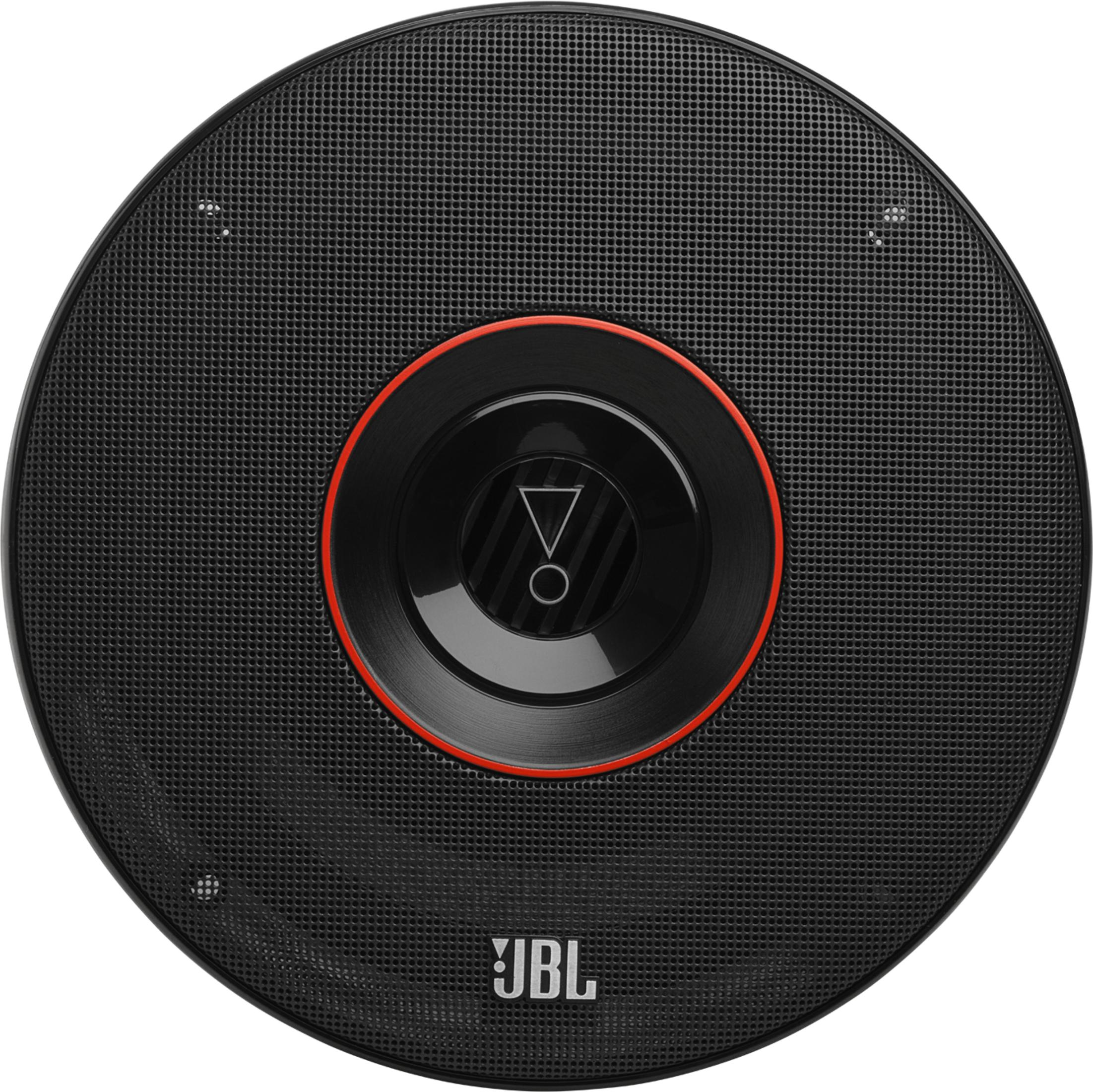 Haut-parleur JBL noir avec anneau et logo rouges.