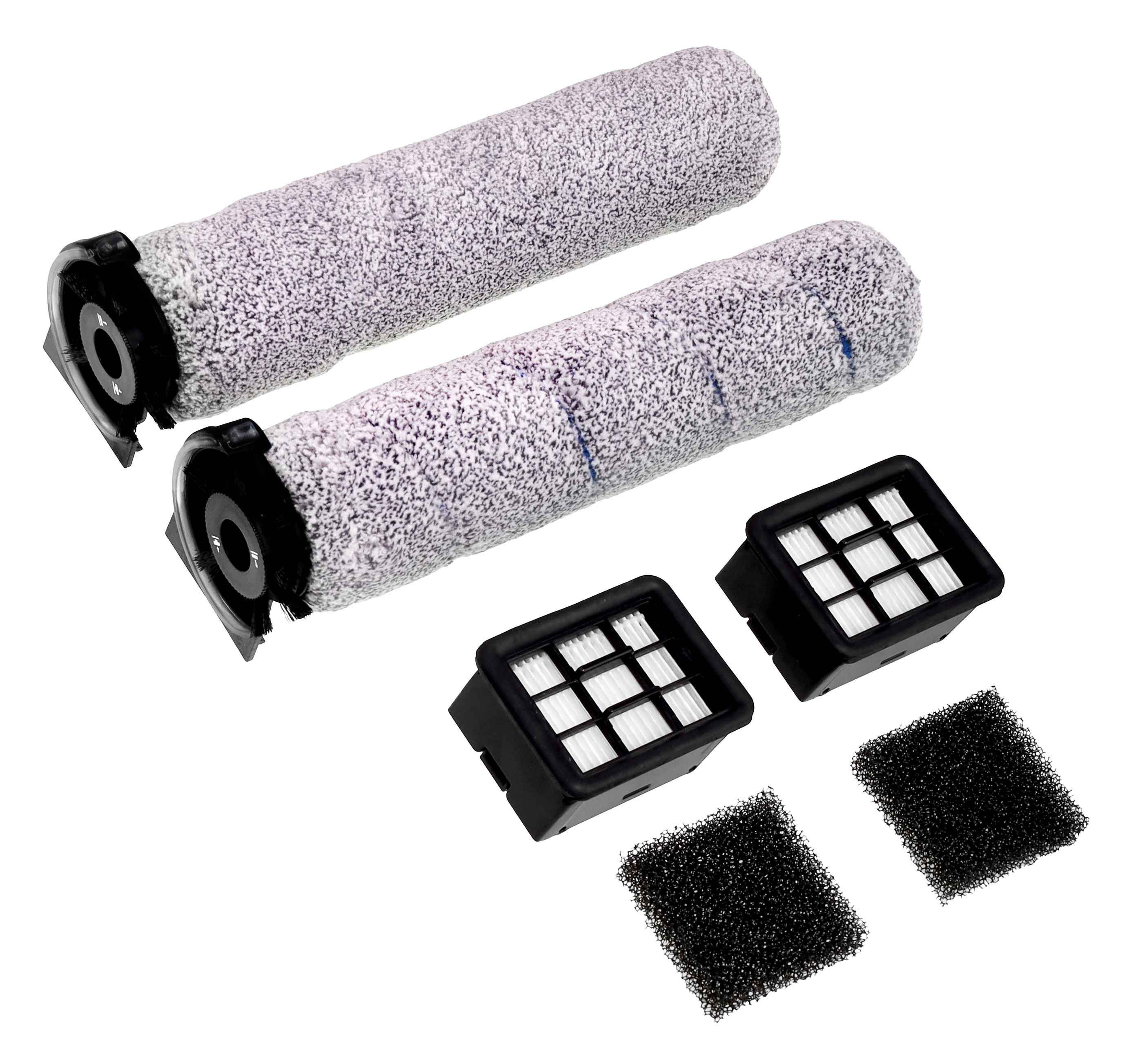 Zwei graue Walzen, zwei schwarze Filter und zwei Schaumstoffteile auf weißem Hintergrund.