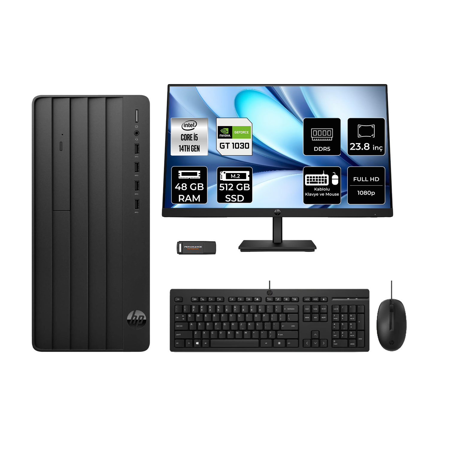 HP ProDesk 2 GT1030/4GB B70VQATPN729 PER4 Bellek Intel® Core™ i5-14400 48 GB RAM 512 GB SSD FreeDOS Masaüstü Bilgisayar