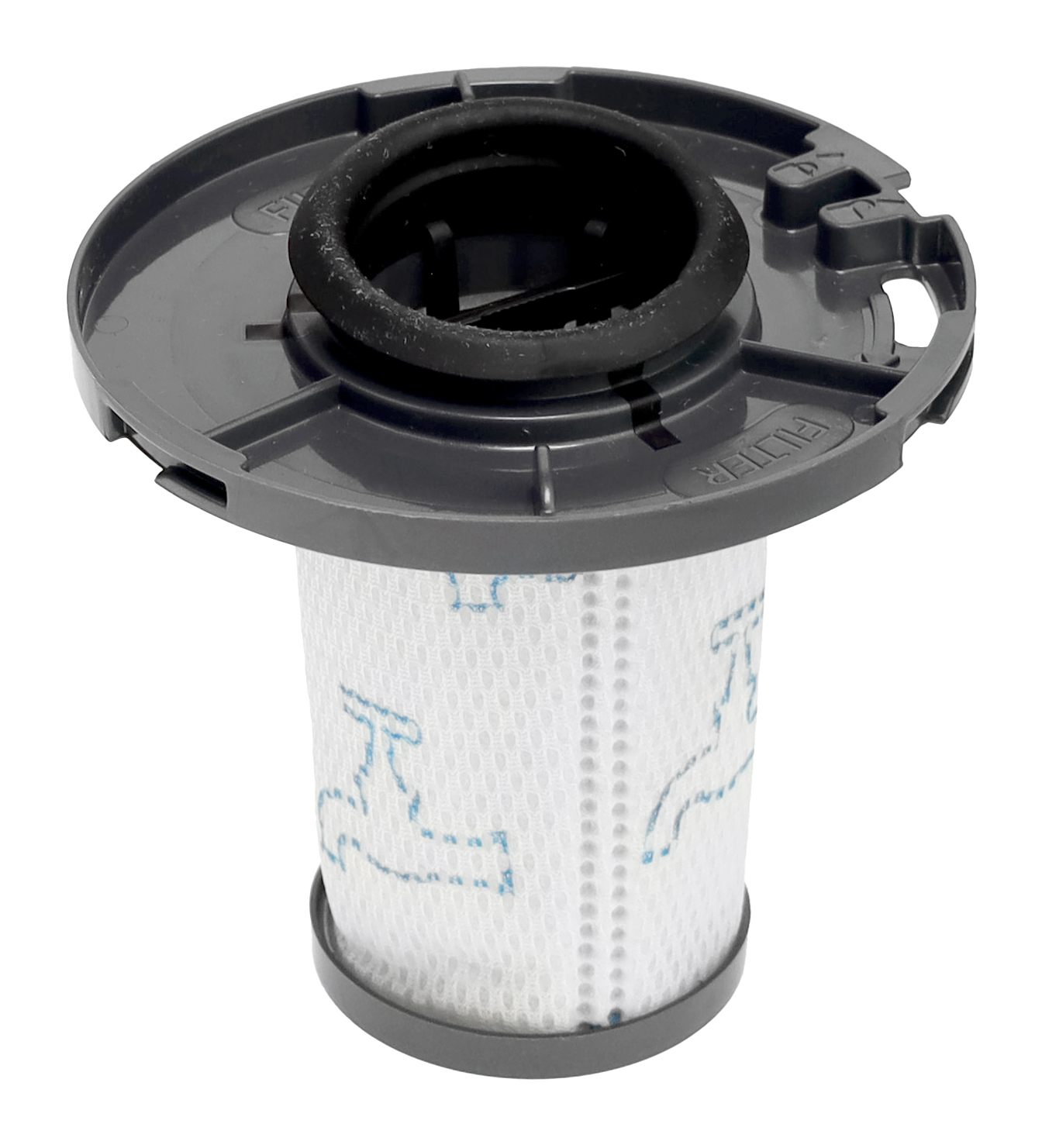 Szary filtr odkurzacza z białym papierowym elementem i niebieskim wzorem.