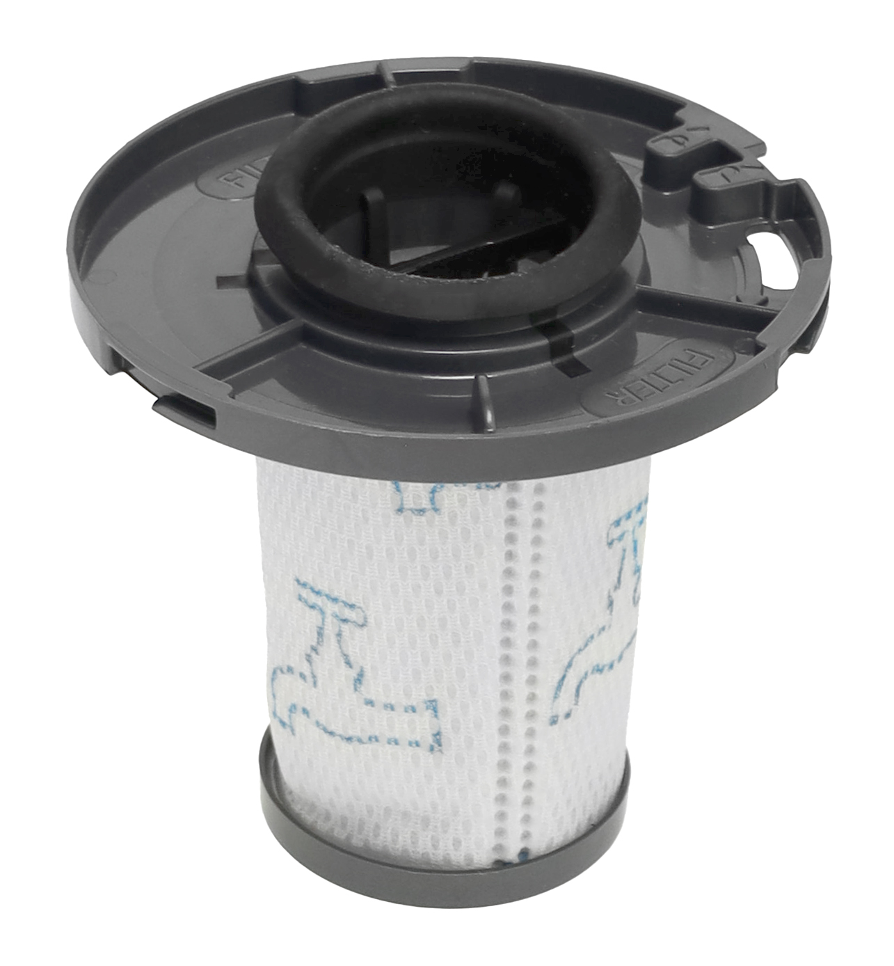 Szary filtr odkurzacza z białym wkładem i niebieskim wzorem.