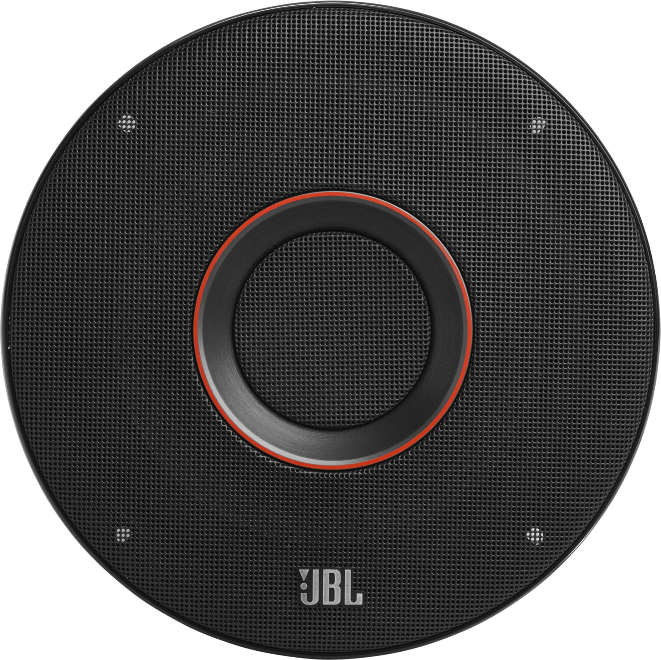 Haut-parleur rond noir avec anneau rouge et logo JBL.