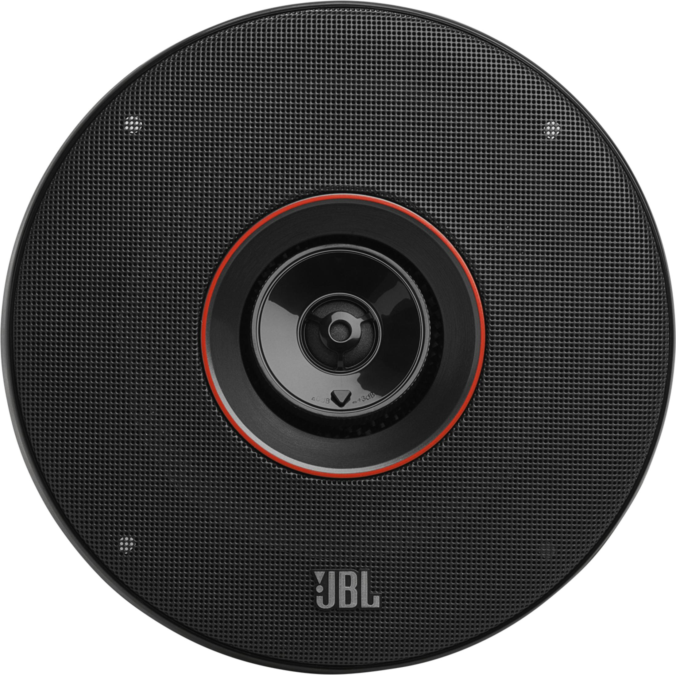 Haut-parleur JBL noir avec anneau rouge et motif en grille.