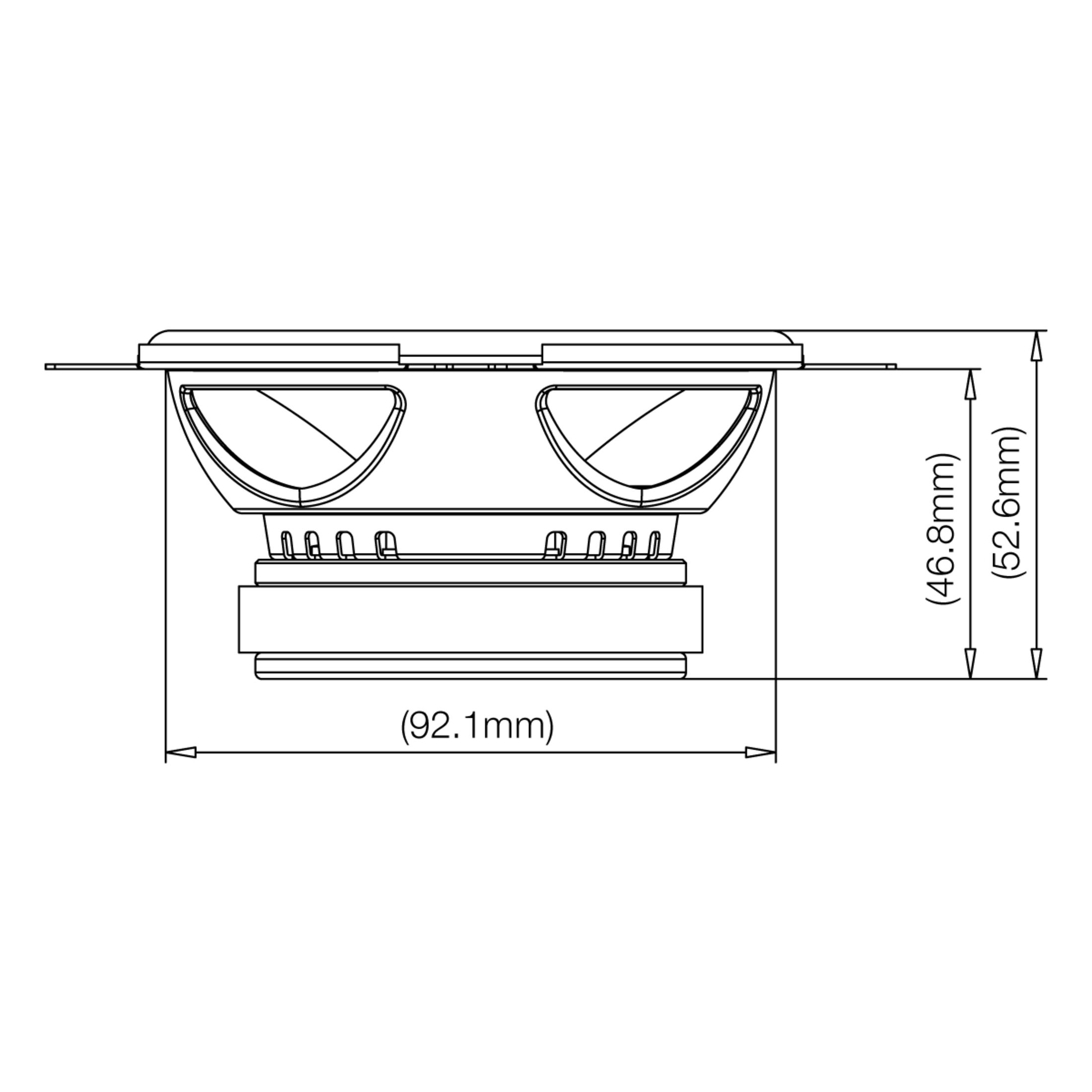 Disegno tecnico di un altoparlante con dimensioni 92,1 mm e 46,8 mm/52,6 mm.