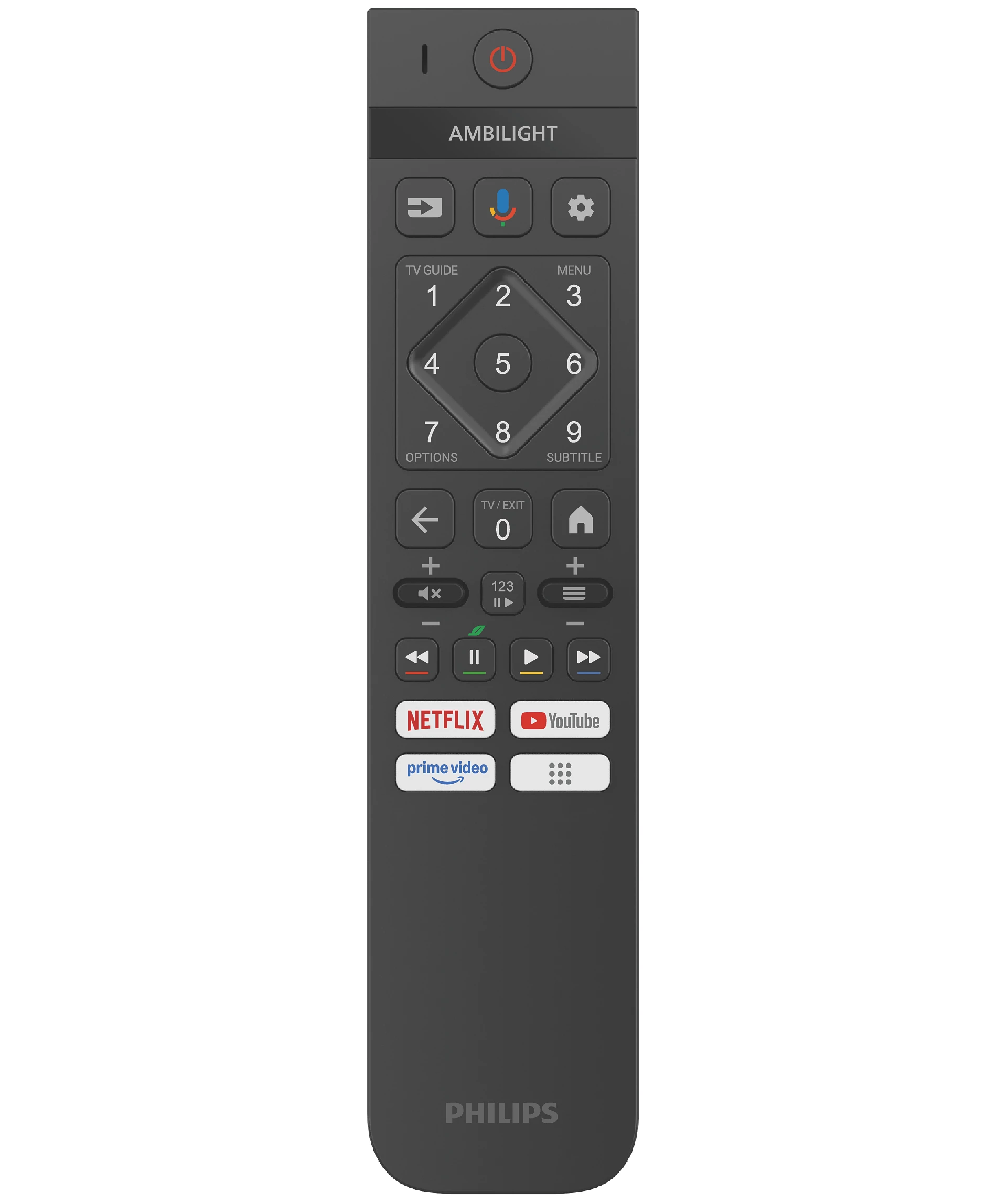 Szary pilot Philips z logo Ambilight, klawiaturą numeryczną i przyciskami aplikacji.