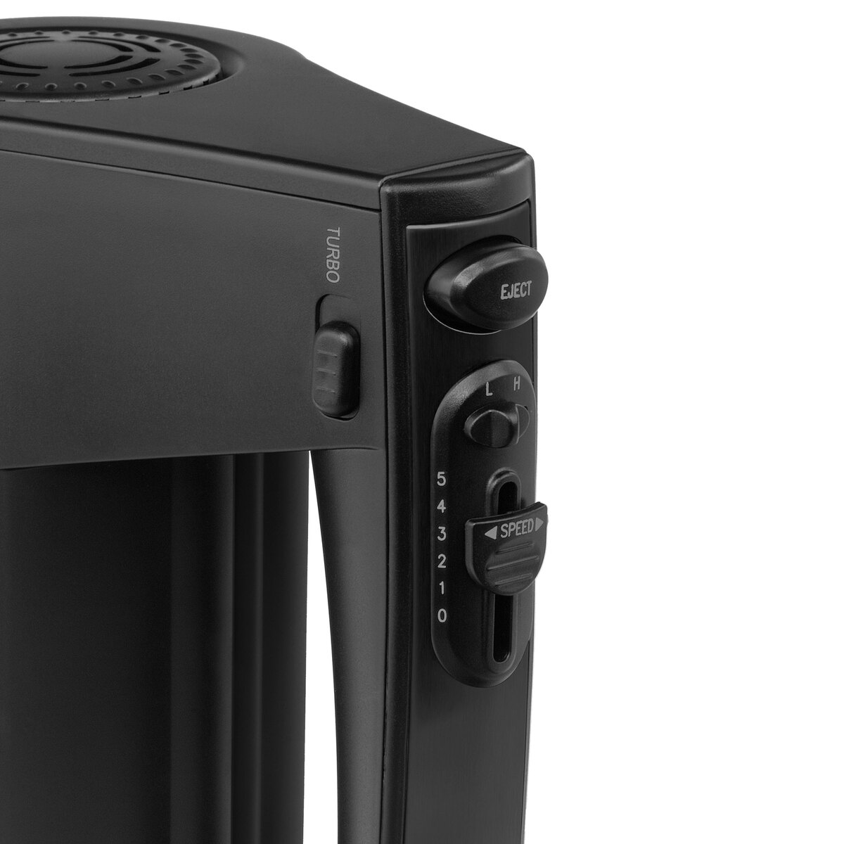 Black hand mixer with eject, turbo, and speed controls (0-5).