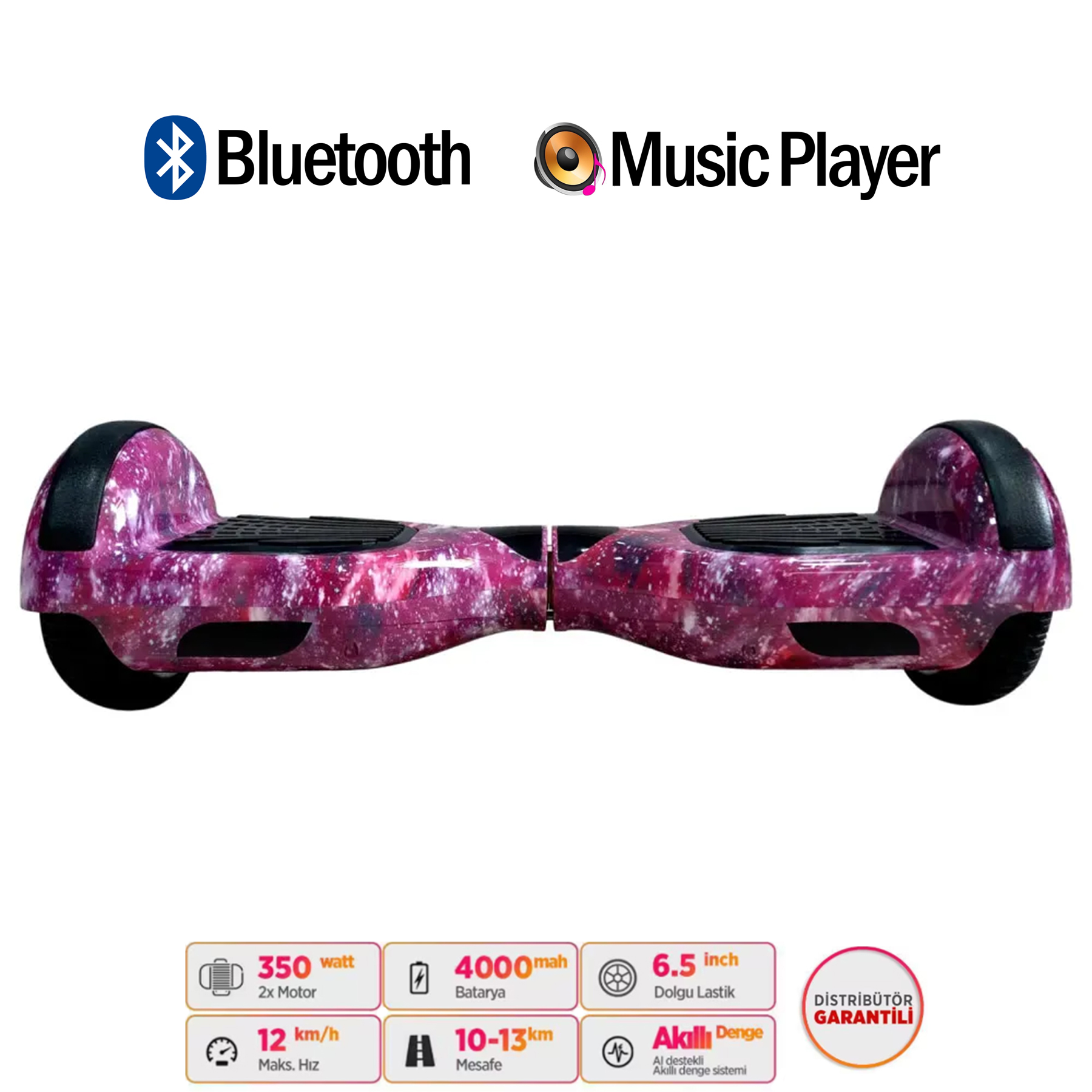 Bluetooth ve müzik çalar özellikli pembe galaksi desenli hoverboard.