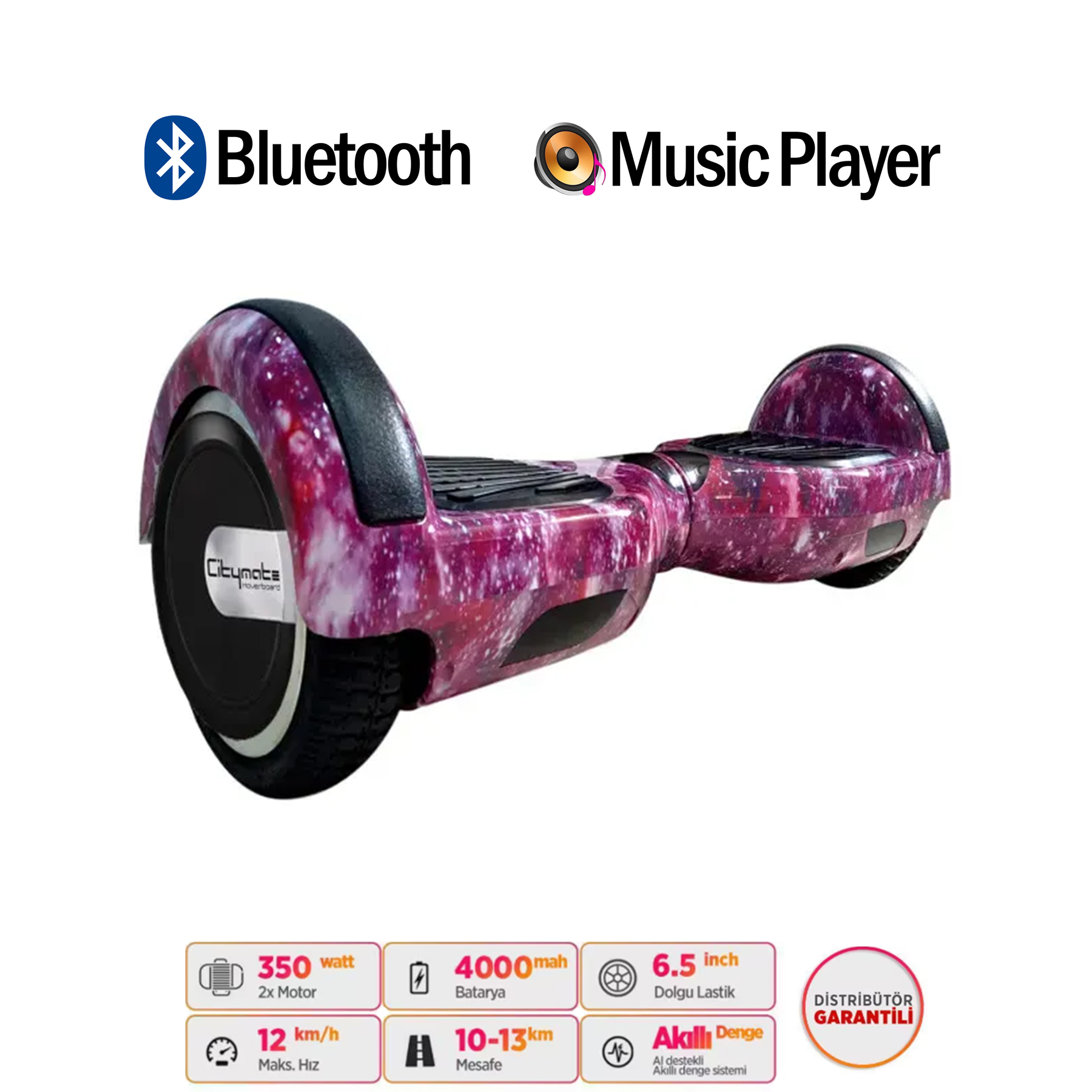Bluetooth ve müzik çalarlı, mor/beyaz hoverboard.