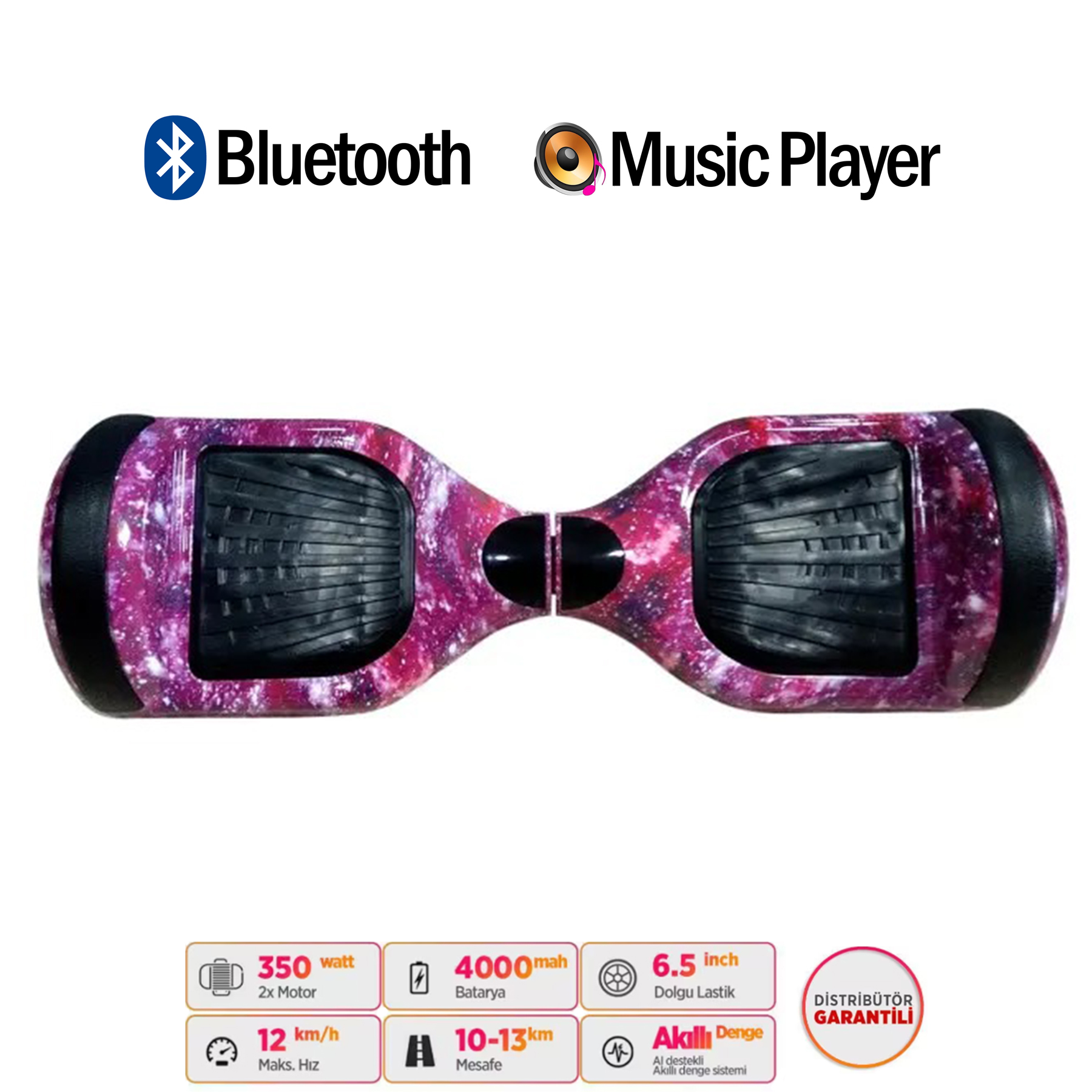 Mor, galaksi desenli hoverboard, Bluetooth ve müzik çalar özellikli.