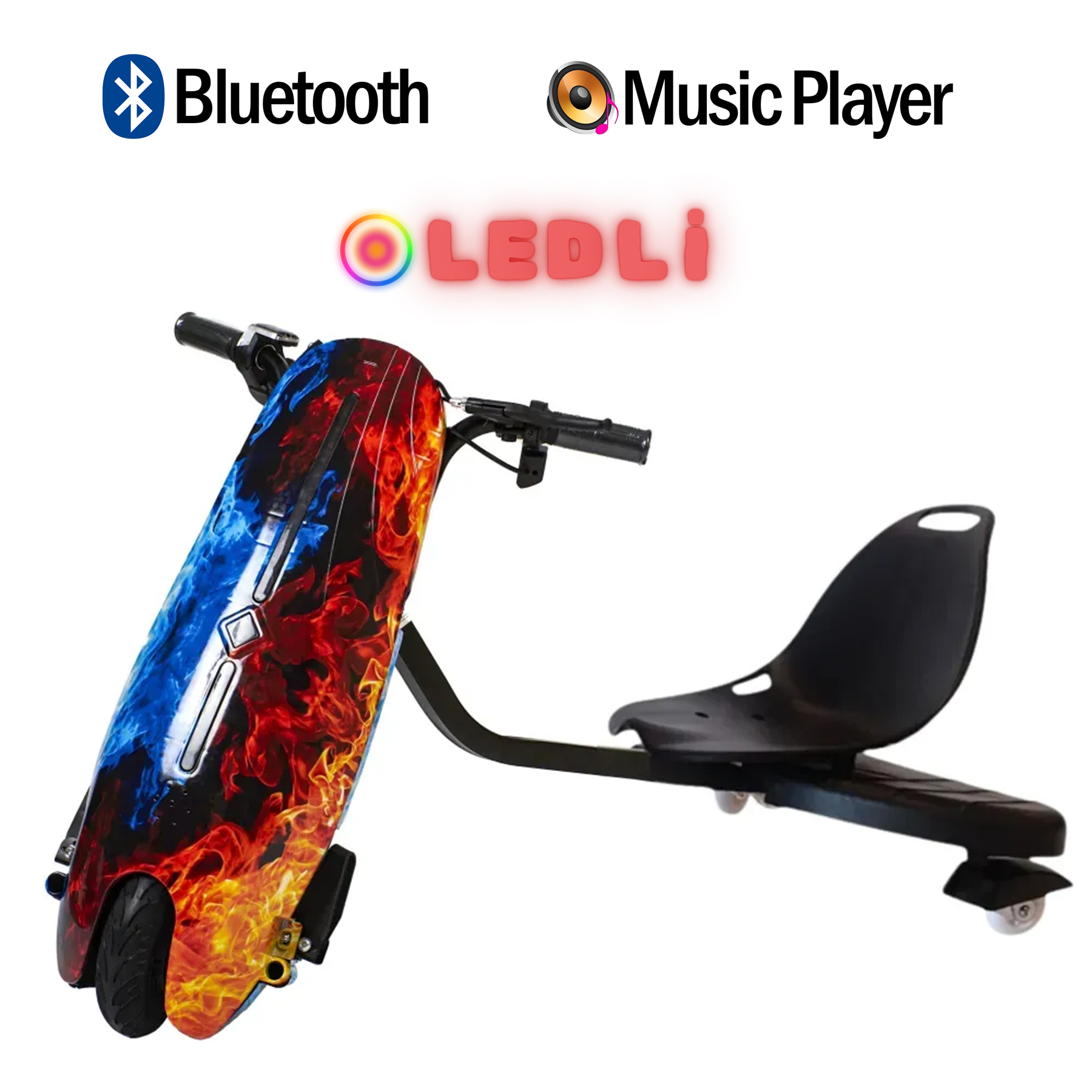 Mavi ve kırmızı alevli drift üç tekerlekli bisiklet, Bluetooth ve müzik çalar simgeleri.