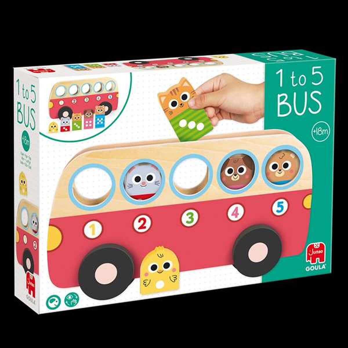 Eine Hand steckt eine Katzenform in ein hölzernes Spielzeugbus mit nummerierten Löchern und Tiermotiven.