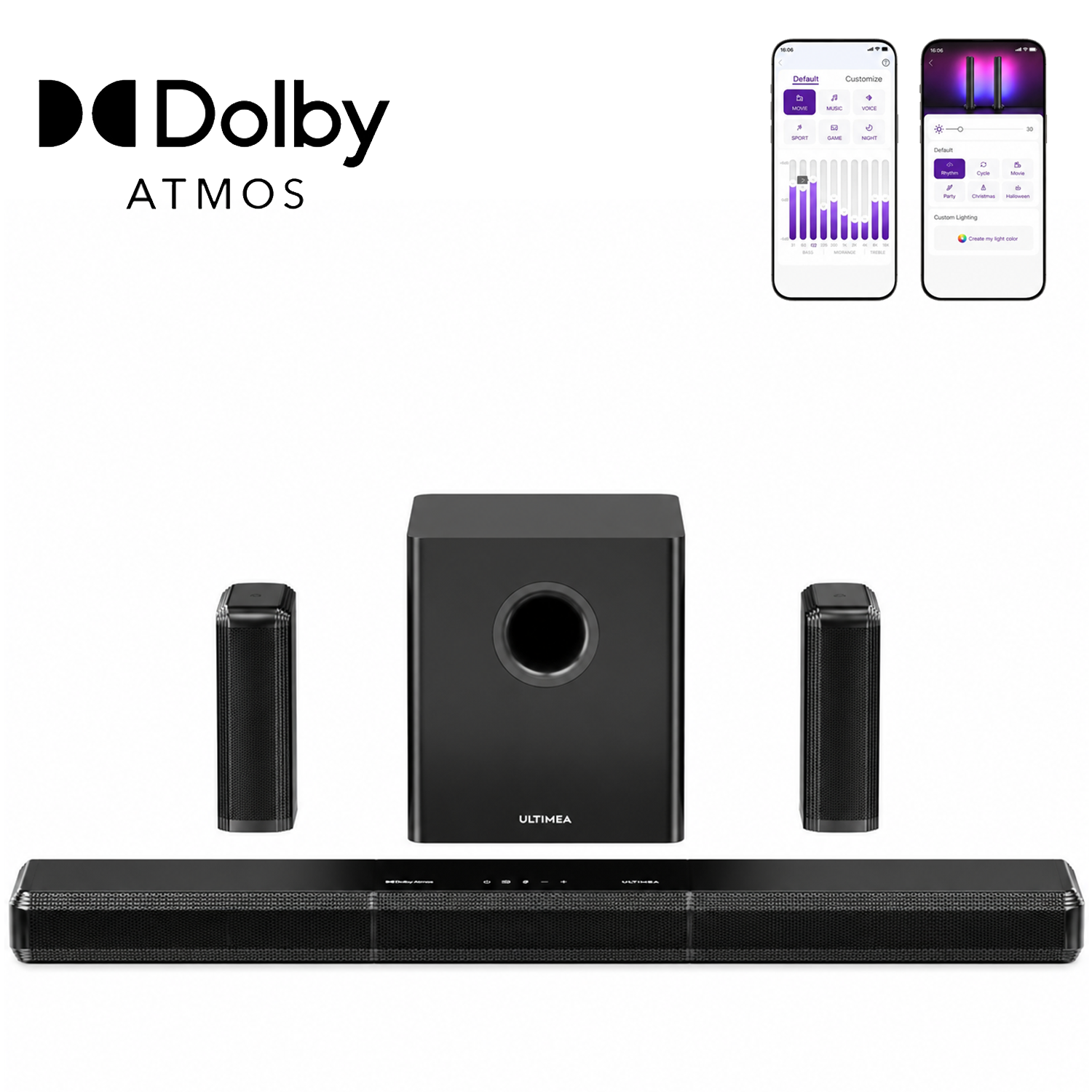 Dolby Atmos soundbar system with subwoofer, two satellites and app control.