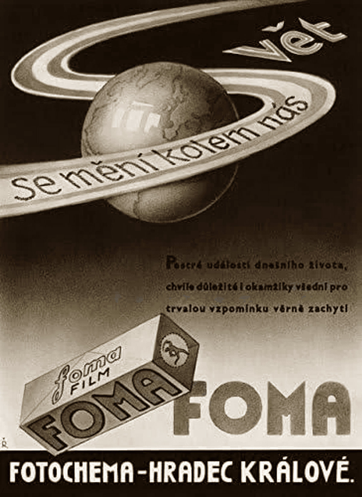 Anuncio vintage de FOMA film con un globo y marca 'FOMA'.