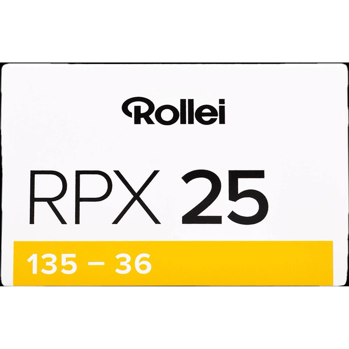 Caja de película Rollei RPX 25 135-36. Texto negro sobre fondo blanco con barra amarilla.