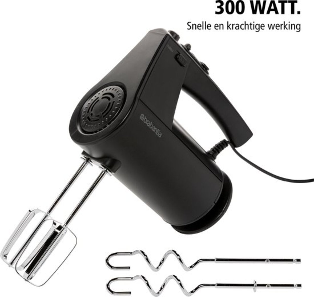 Black Brabantia hand mixer with two whisks and two dough hooks.
