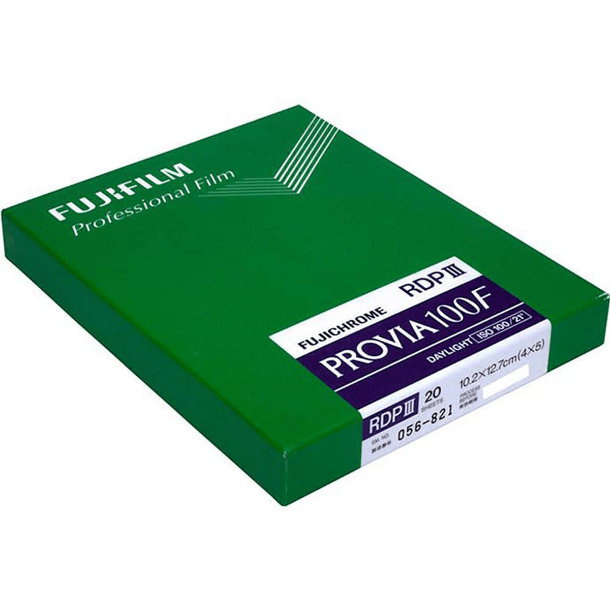 Caja verde de película Fujifilm Provia 100F con texto, ISO 100, 4x5 pulg.