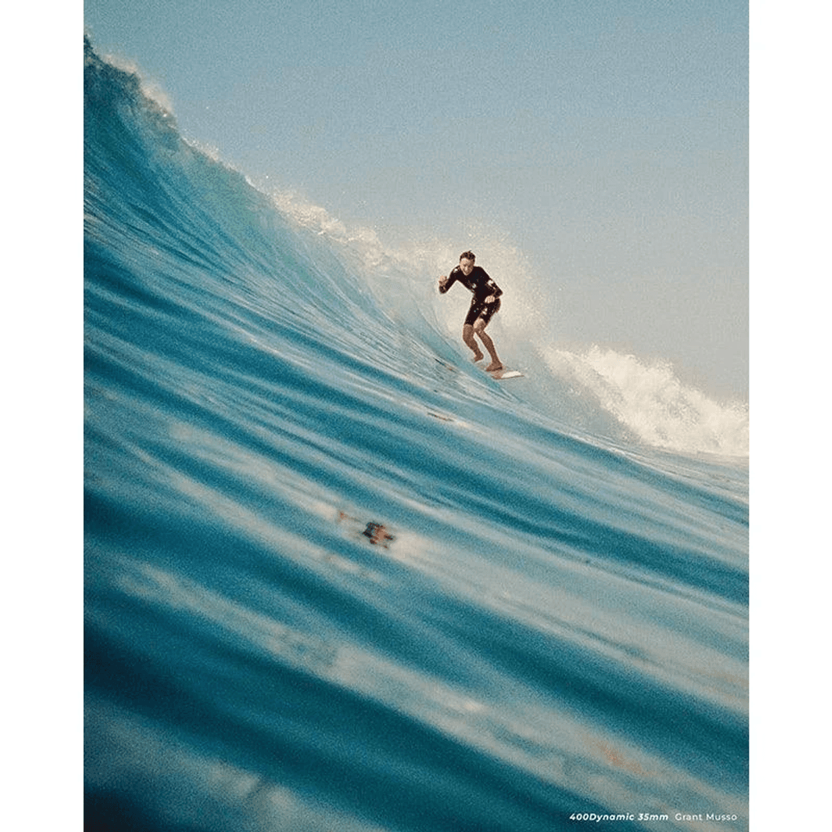 Un surfista con traje de neopreno negro surfea una ola en tabla blanca.