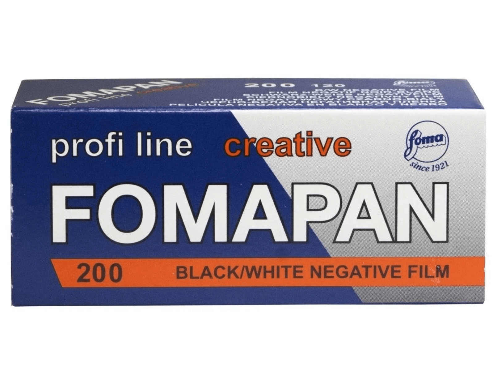 Caja de película negativa blanco y negro FOMAPAN 200, con etiquetas 'profi line creative'.