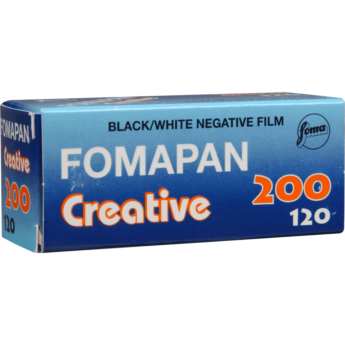 Caja de película negativa blanco y negro Fomapan Creative 200 120 con degradado azul.