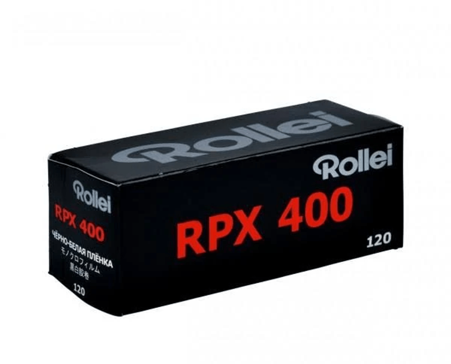 Caja negra con película Rollei RPX 400 120. Inscripción en varios idiomas.