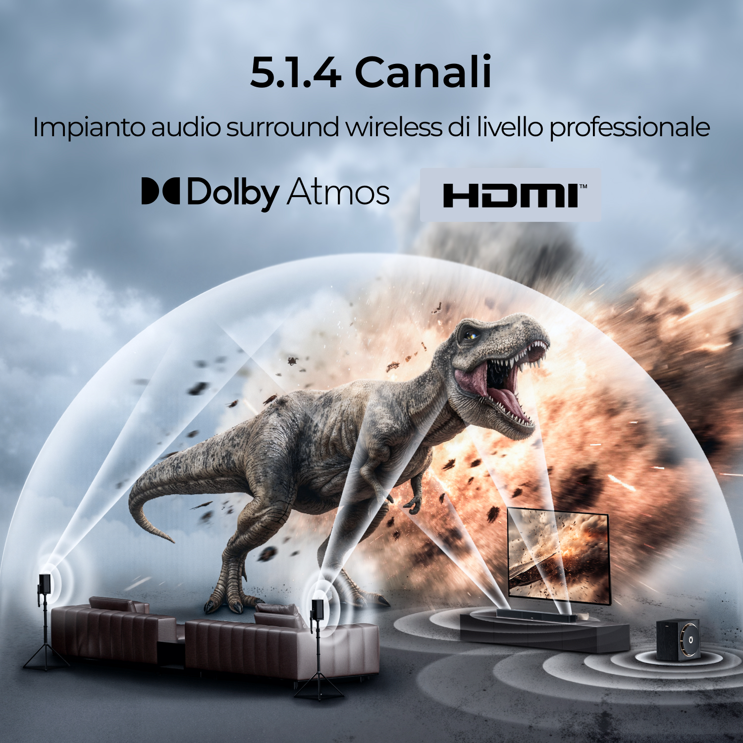 Un T-Rex ruggisce davanti a una TV, circondato da Dolby Atmos e HDMI.