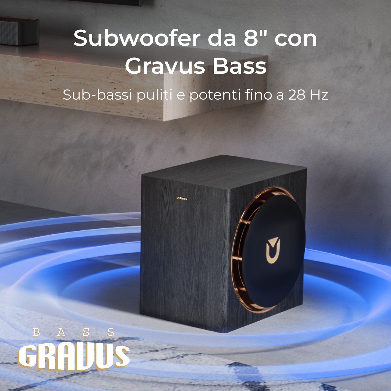Subwoofer nero con logo Gravus Bass, circondato da onde blu.