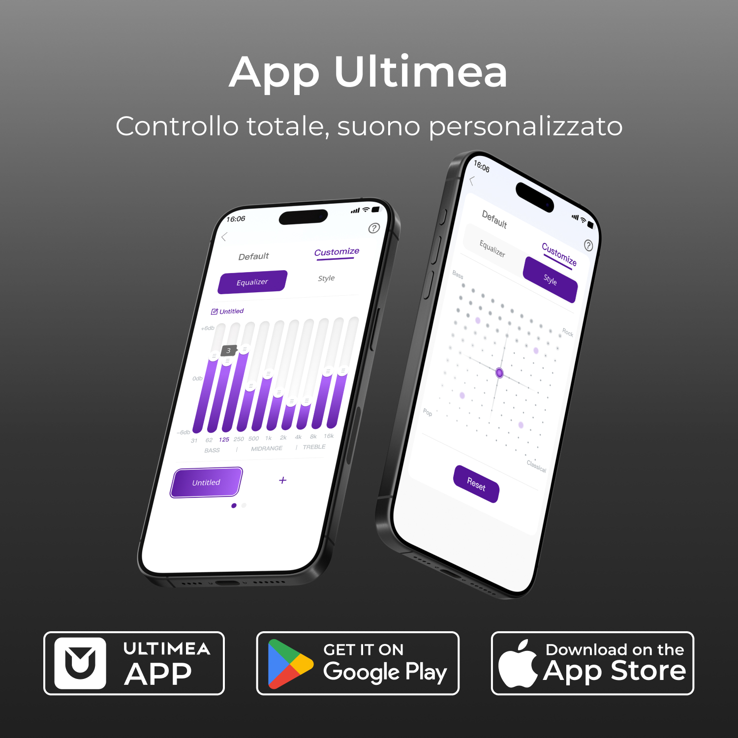 Due smartphone mostrano l'app Ultimea con equalizzatore e impostazioni stile.