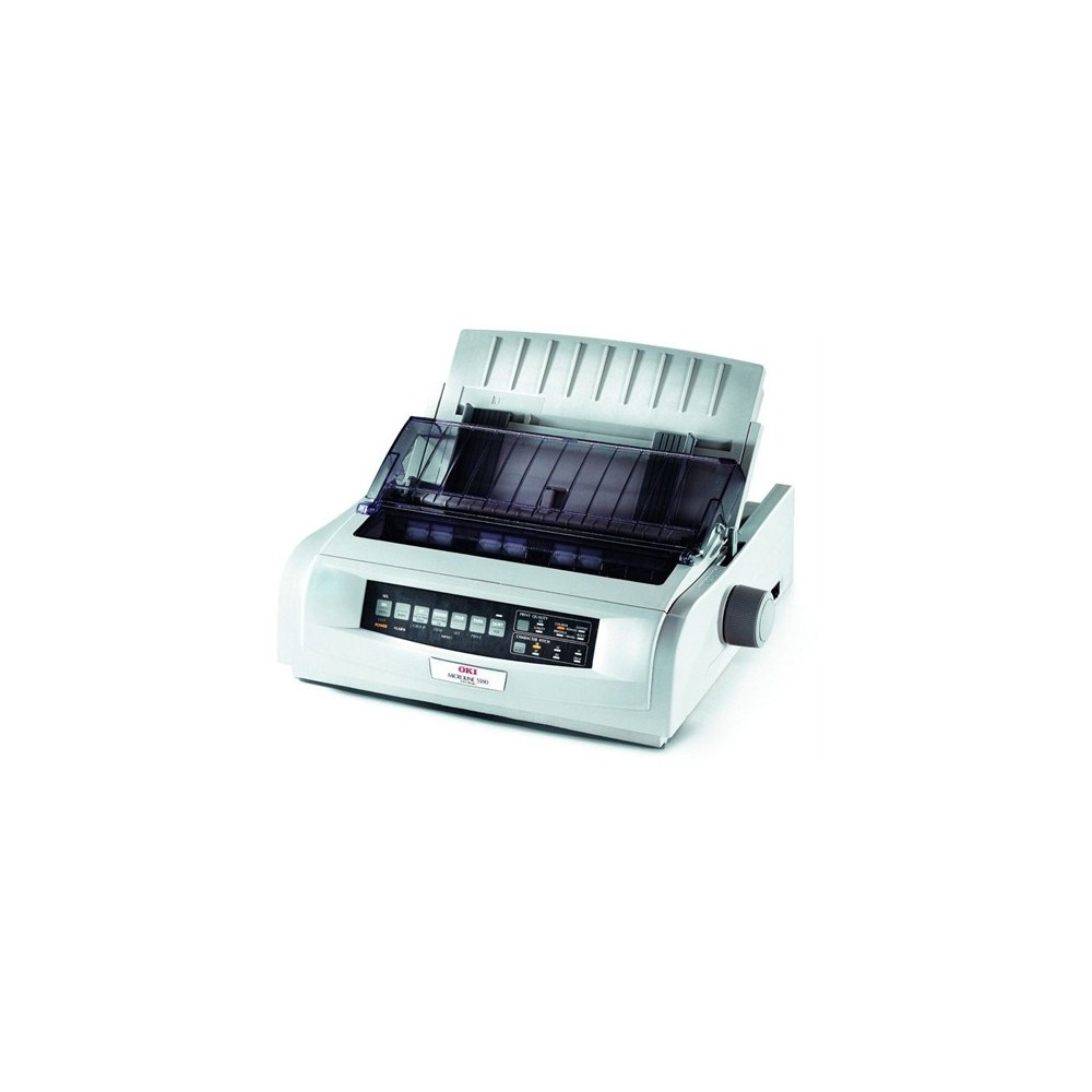 Ein hellgrauer OKI Microline 590 Nadeldrucker wird mit geöffnetem Deckel gezeigt.