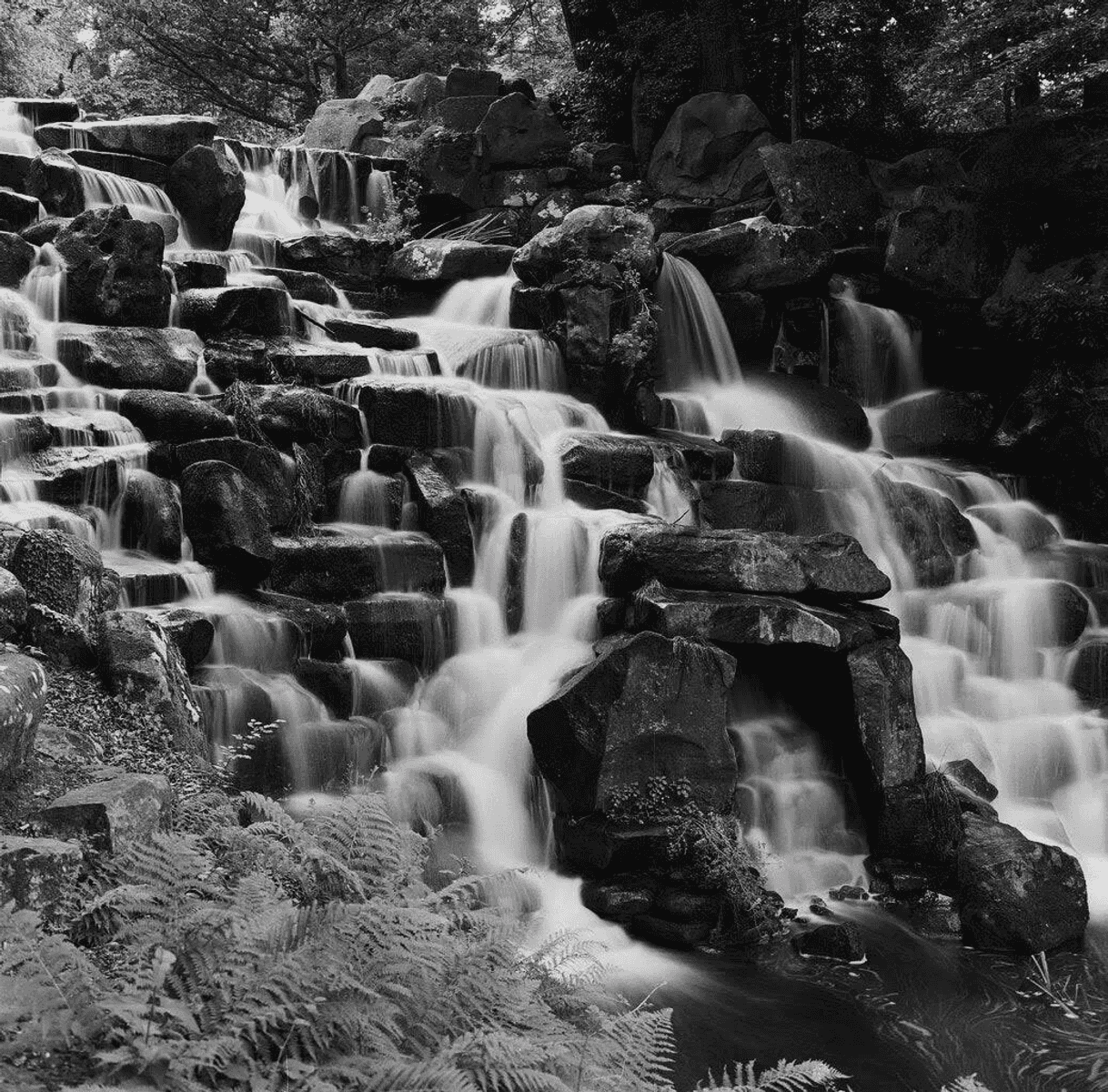 Una cascada de varios niveles fluye sobre rocas cubiertas de musgo.
