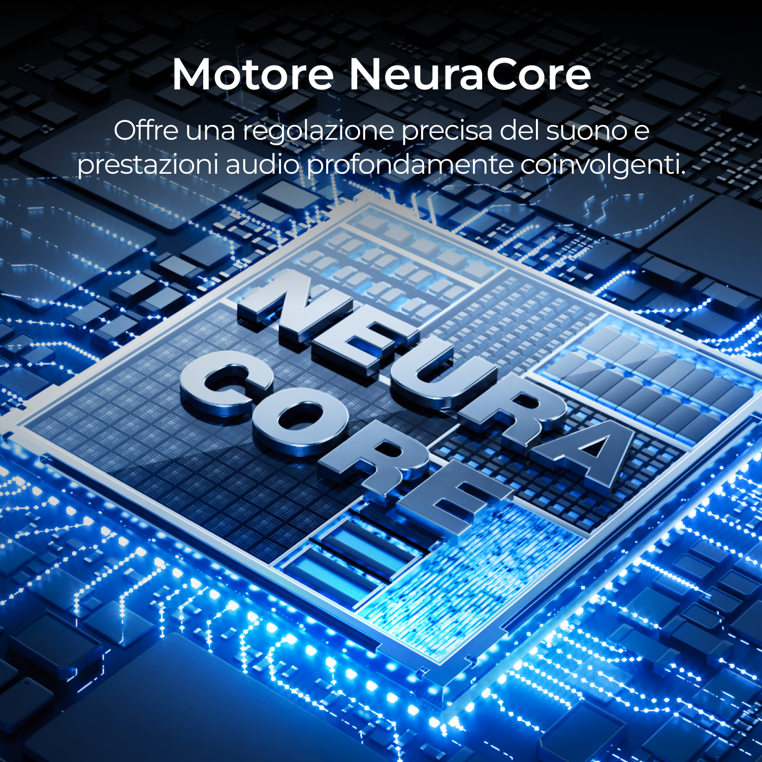 Un primo piano di un circuito blu con la scritta "NEURA CORE" in grandi lettere argentate, linee blu luminose collegano i componenti.