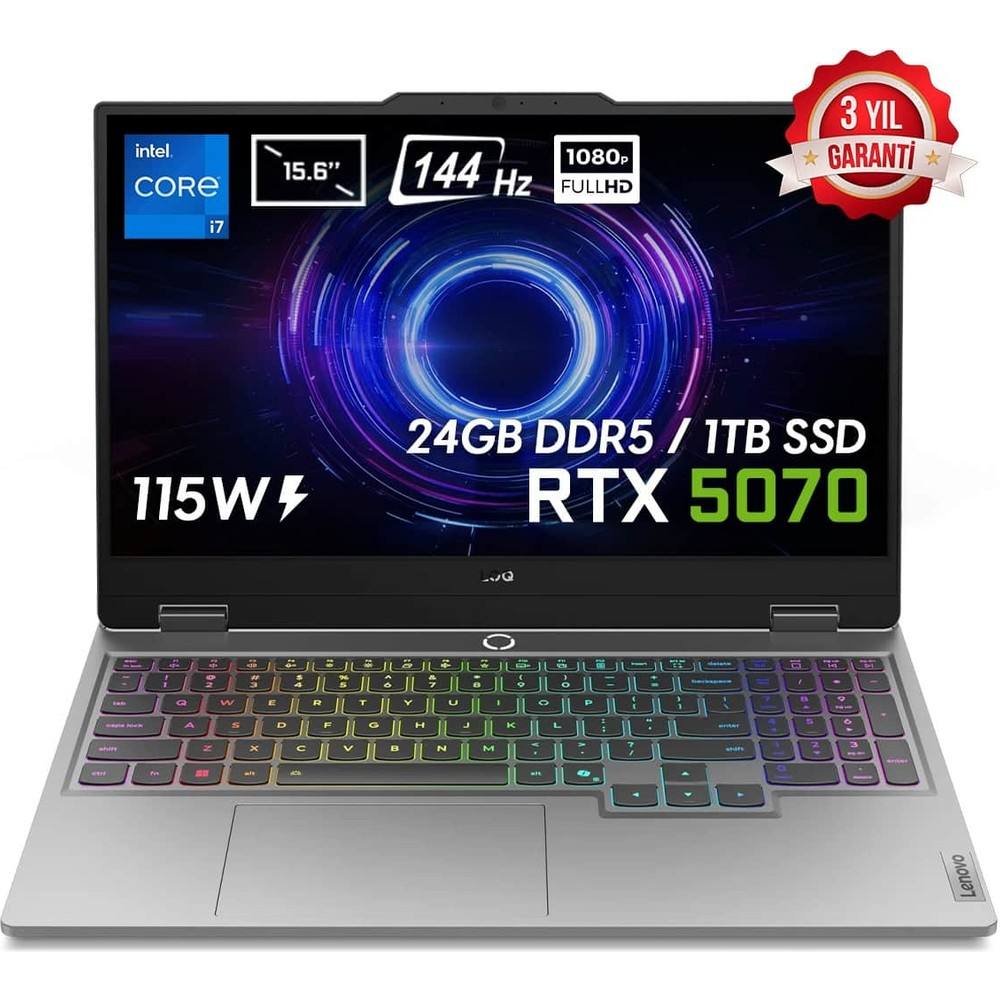 Intel Core i7, 15,6", 144Hz, 1080p, 24GB DDR5, 1TB SSD, RTX 5070 özellikli açık dizüstü.