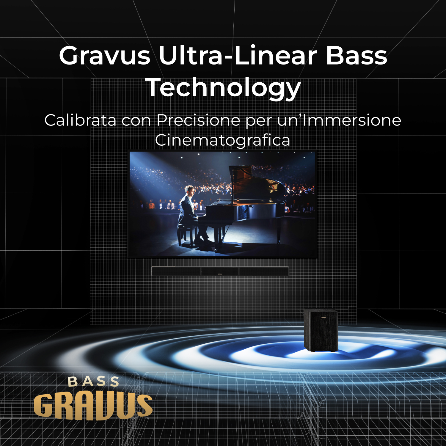 Un uomo suona il piano davanti a un pubblico cinematografico. Tecnologia Bass Gravus.