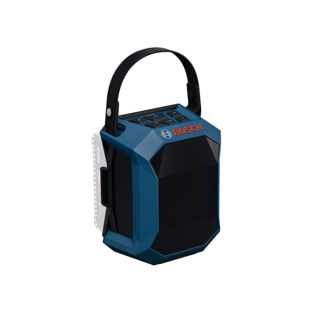 Un altoparlante Bosch blu con manico nero e pacco batteria.