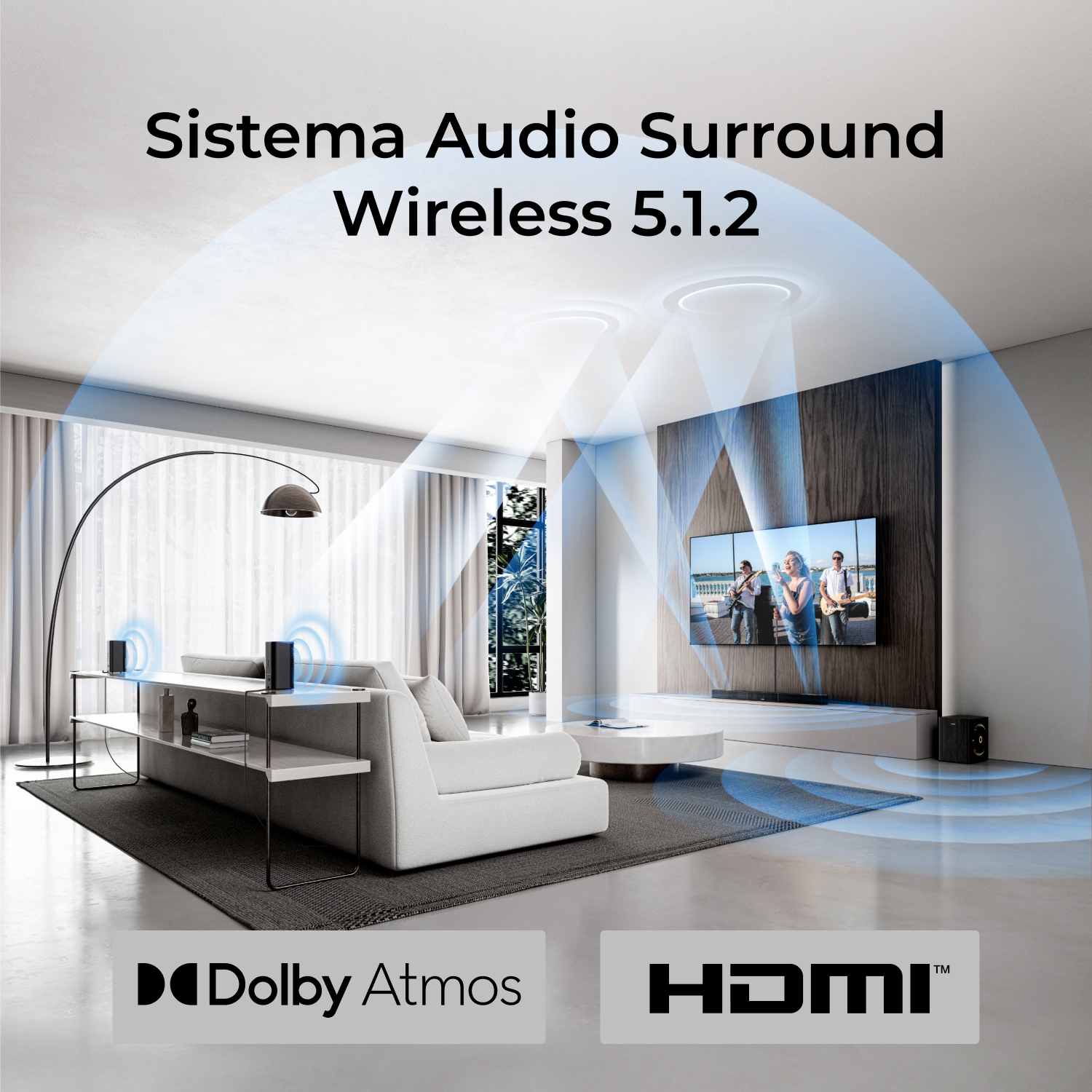 Un soggiorno moderno con Dolby Atmos e logo HDMI.