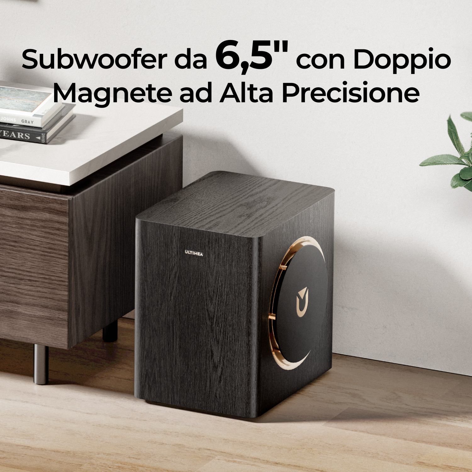 Subwoofer nero con venature di legno e accenti dorati accanto a un mobile.