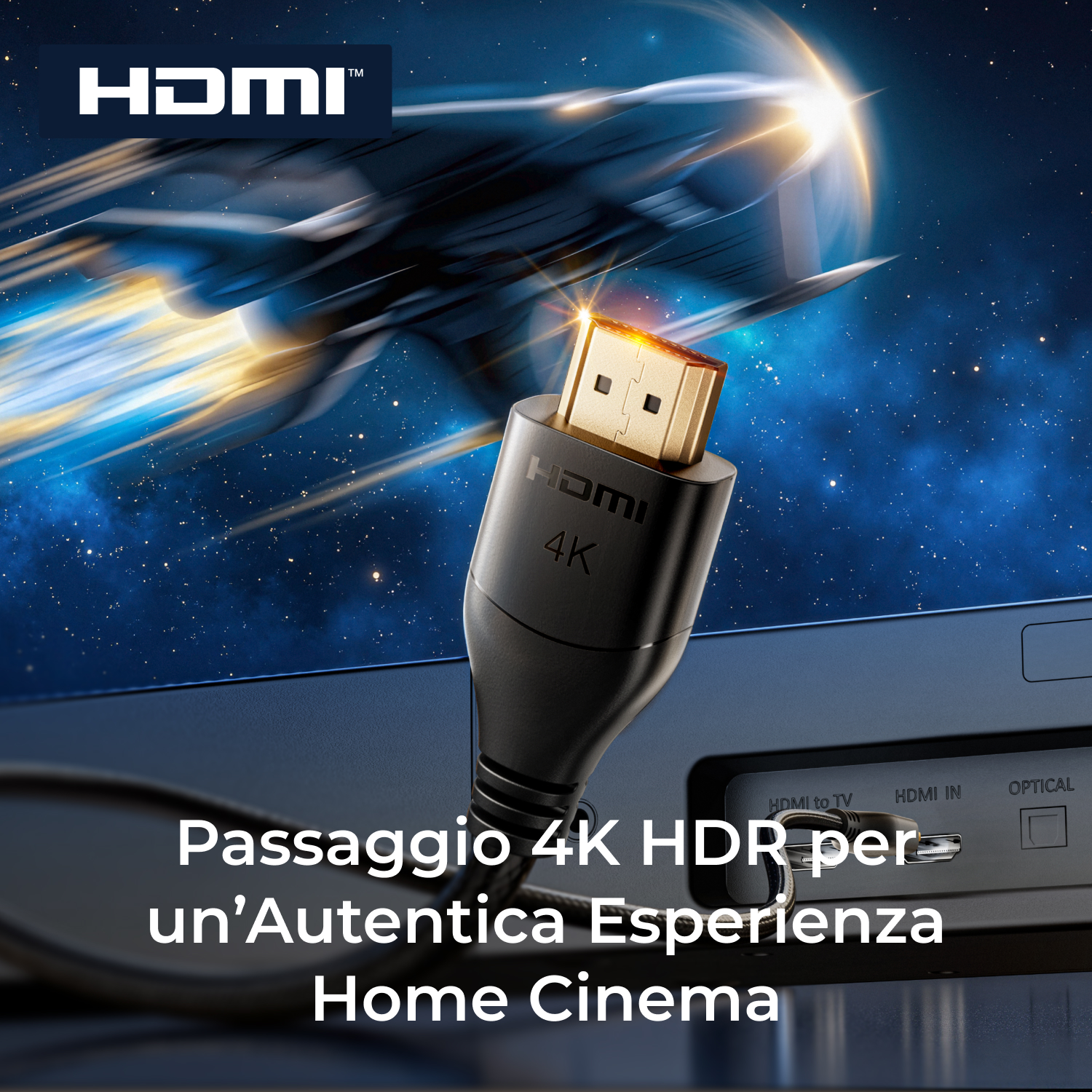 Cavo e porta HDMI su un dispositivo, con una nave futuristica sullo sfondo.