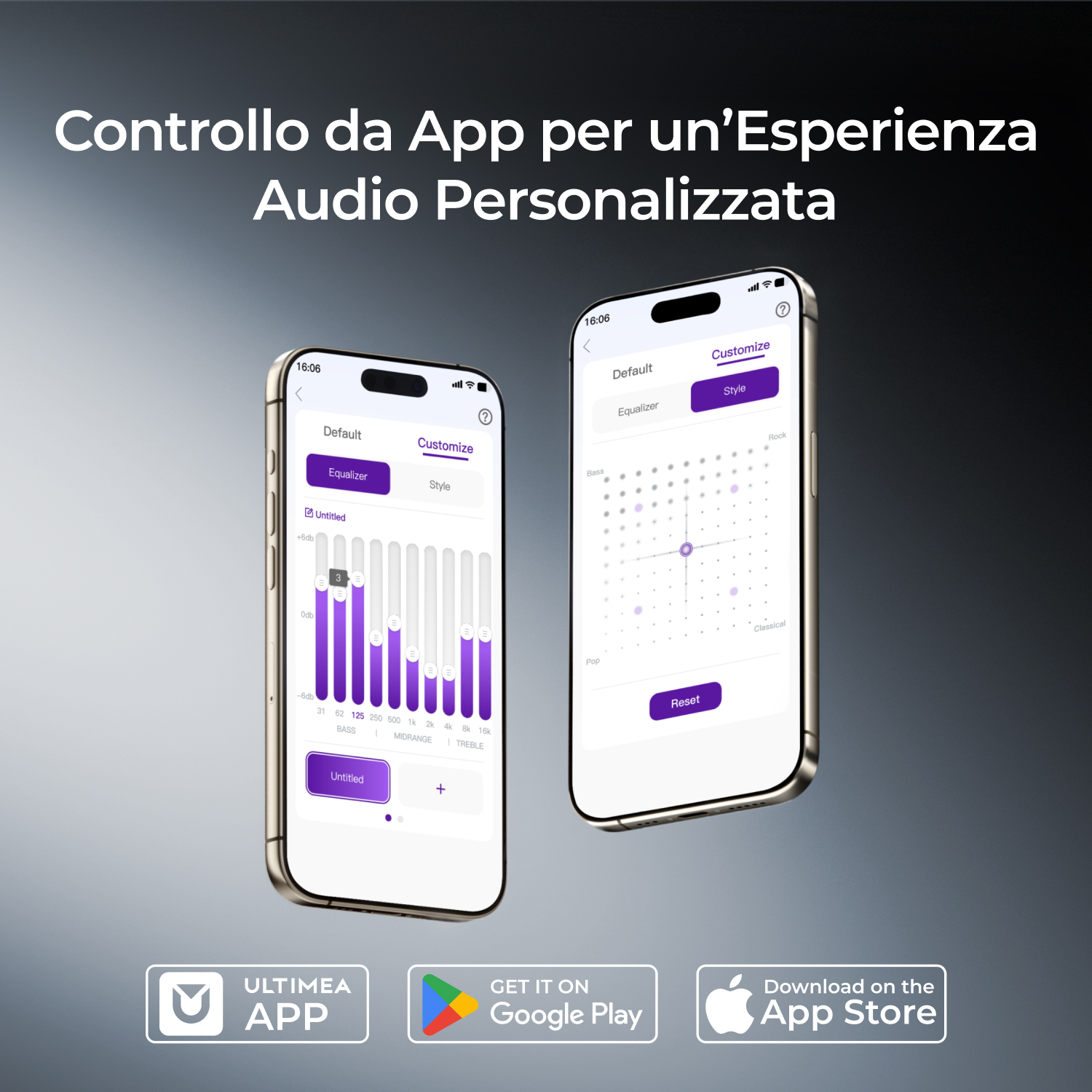 Due smartphone mostrano un'app di equalizzatore audio con grafici e opzioni di stile.